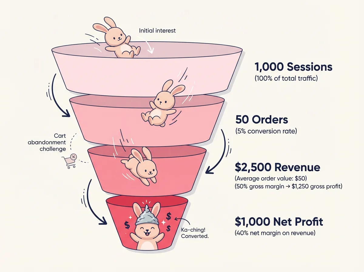 A funnel diagram showing sessions to orders to revenue to net profit.