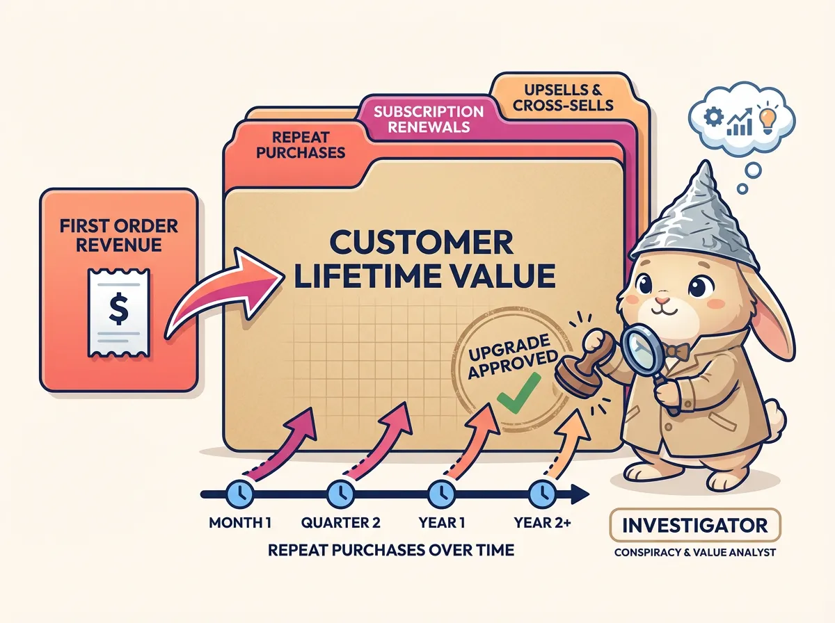 Customer lifetime value illustration showing repeat purchases and upsells over time.